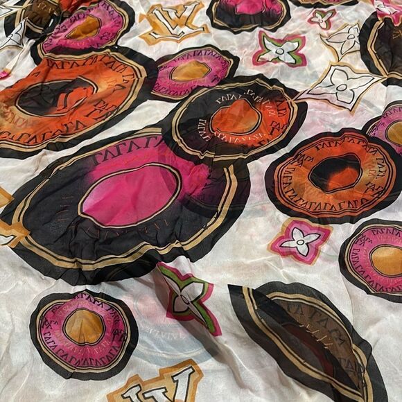 Louis Vuitton 100% silk scarf sheer cream colorful design vintage - Picture 10 of 10